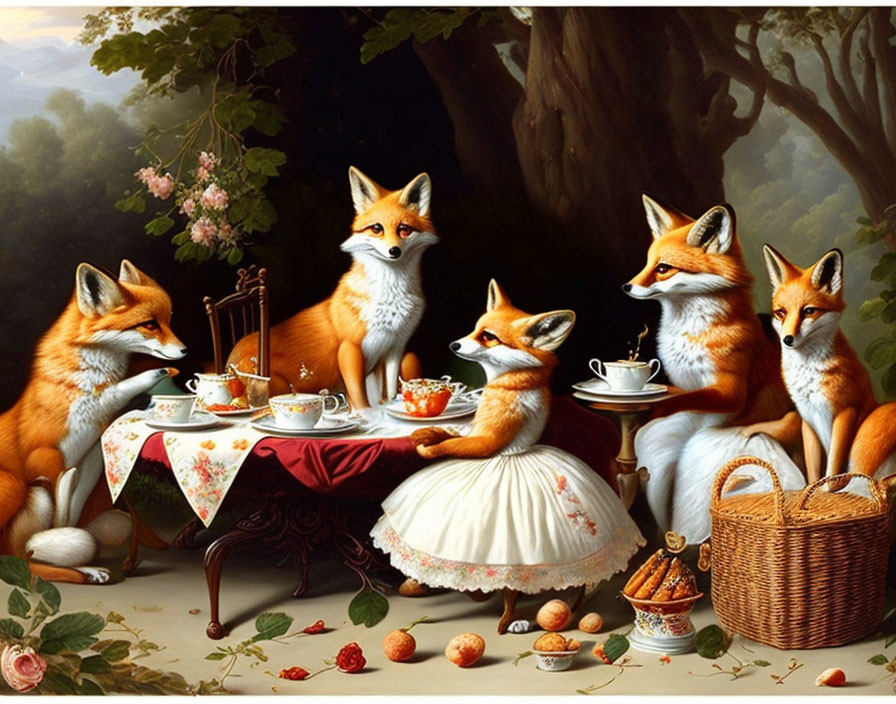 Foxes in human attire at outdoor tea party with fallen fruits & flowers