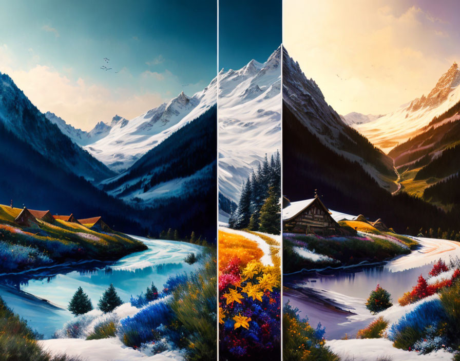 Split-image of valley in winter & autumn with mountains, river, houses, & vibrant foliage on right