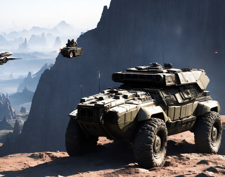 Military vehicle on rocky terrain with hovercraft and rock formations in hazy sky