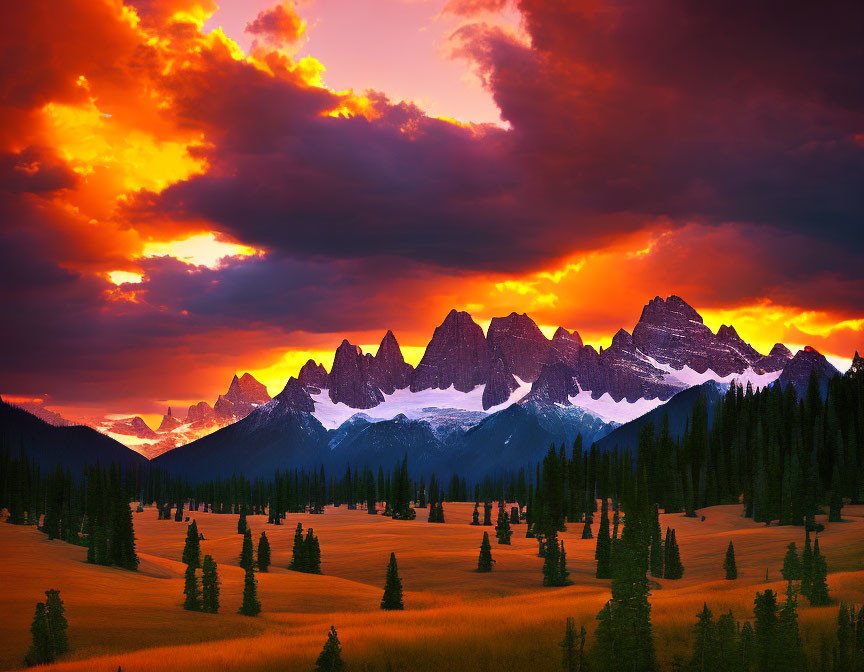 Scenic sunset over mountain range with fiery clouds and snow-capped peaks