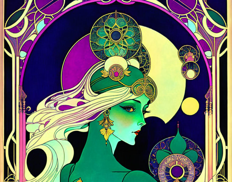 Art Nouveau Woman Profile with Floral Motifs in Purple, Blue, and Yellow