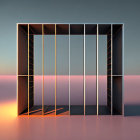 Cube-shaped structure with open walls in desert landscape at twilight