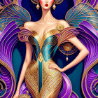 Illustrated Female Figure in Golden and Teal Attire with Majestic Purple and Gold Wings