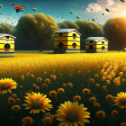 Whimsical landscape with oversized sunflowers, wooden house, and large bees