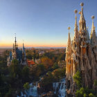 Majestic castle with spires in autumn setting at sunset