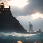 Red Lighthouse on Cliff overlooking Dramatic Seascape