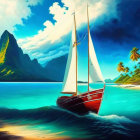 Sailboat with white sails near tropical beach and lush mountains