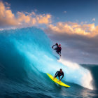 Surfer riding blue wave with shark jumping at sunset