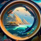 Colorful underwater fish and coral in golden frame.