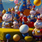 Vibrant fantasy scene with whimsical characters, castles, and balloons