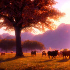 Autumn Setting with Grazing Horses and Golden Leaves