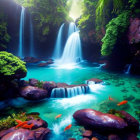 Tranquil scene: Cascading waterfalls, turquoise pool, moss-covered rocks