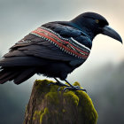 Digital Artwork: Raven with Intricate Wing Patterns on Mossy Rock in Misty Forest Lake Scene