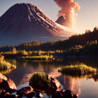 Volcanic eruption near serene lake at sunset