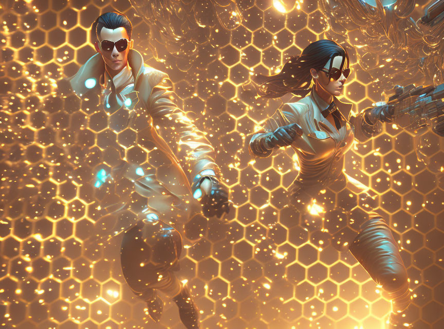 Futuristic characters battle in glowing hexagonal setting