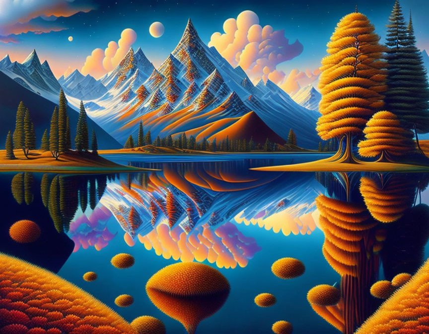 Colorful surreal landscape with mirrored mountains and trees under double moons