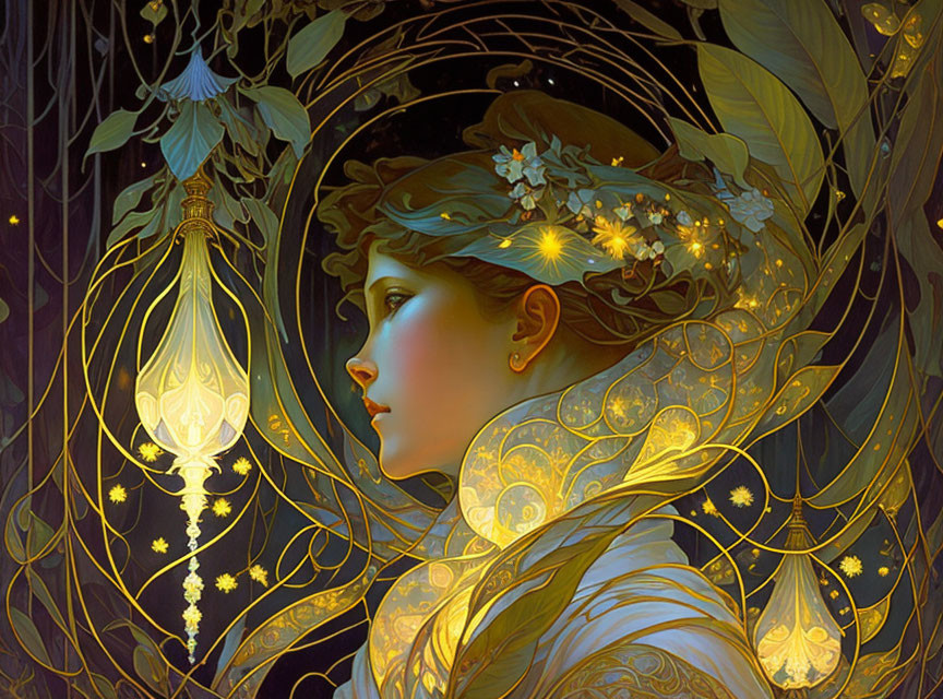 Fantasy art: Woman with golden headwear, lanterns, vines on dark background