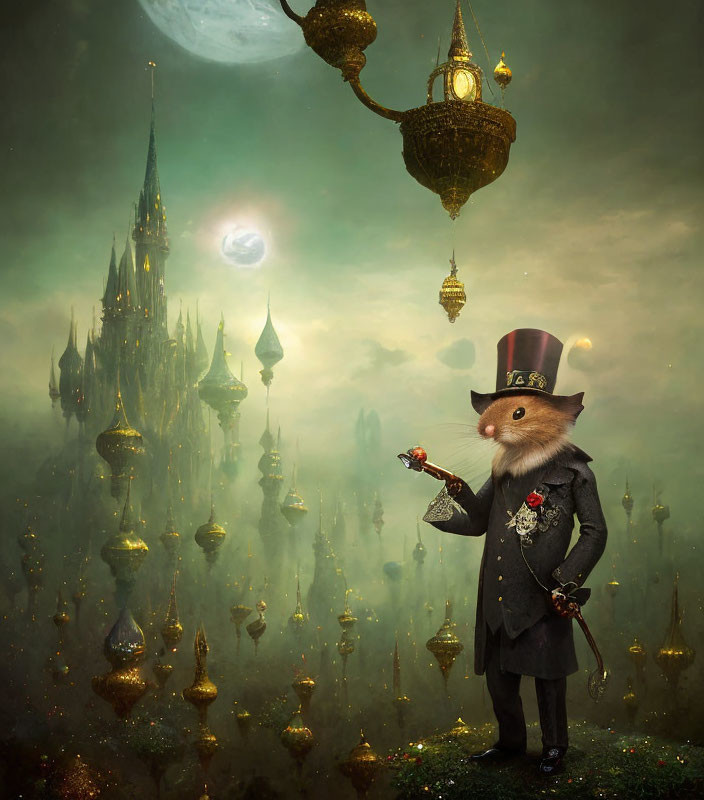 Anthropomorphic mouse in formal attire with glowing castle and floating lanterns