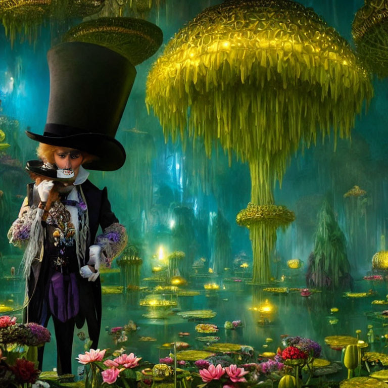 Character in Top Hat with Mask in Luminescent Forest