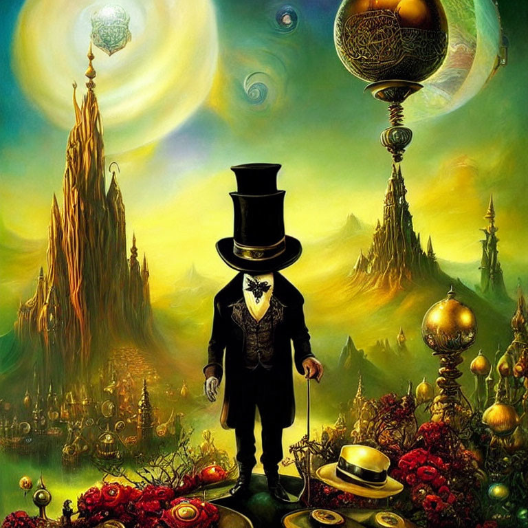 Surreal painting of gentleman in top hat in fantastical landscape