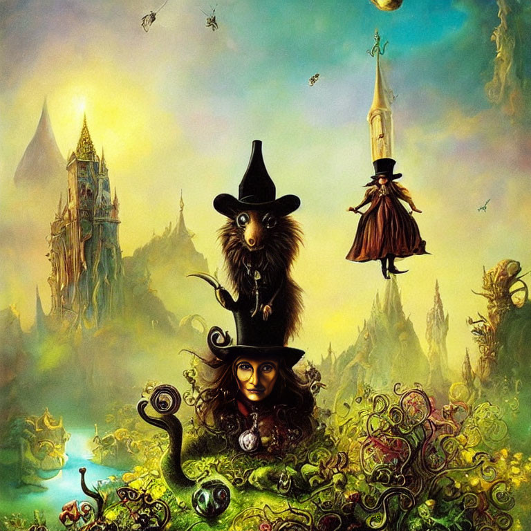 Fantastical landscape with floating witch and wizard characters and whimsical flora.