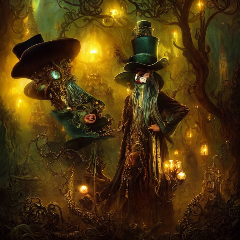 Mystical plague doctors in eerie forest with lanterns