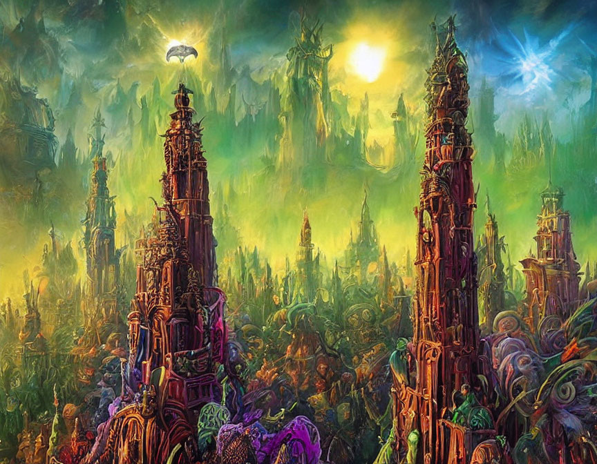 Colorful Alien Structures in Vibrant Dual-Sun Landscape