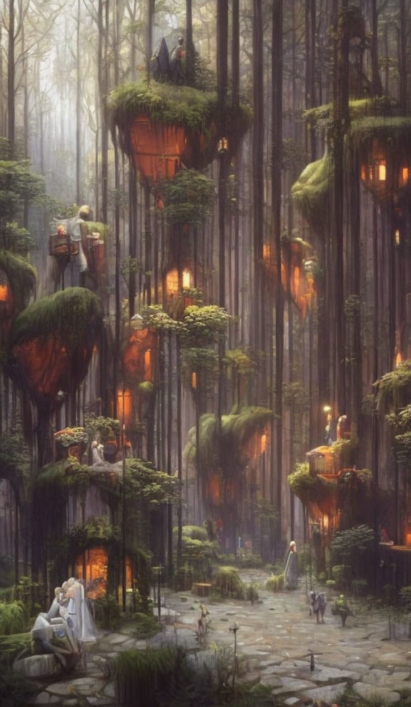 Mystical forest with tall trees, glowing lights, and figures in misty landscape