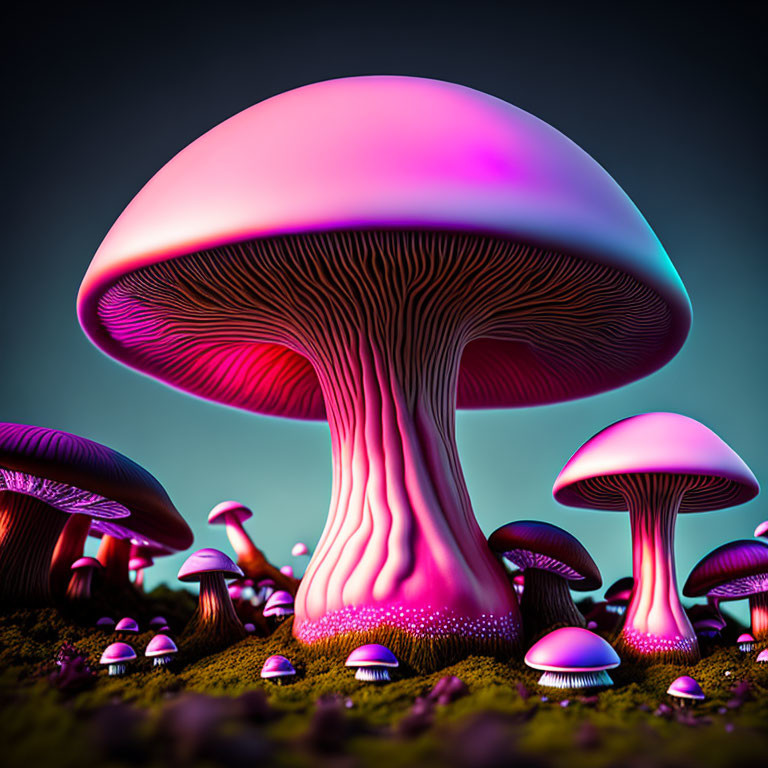 Colorful Stylized Mushrooms with Large Pink Cap and Intricate Gills on Twilight Background