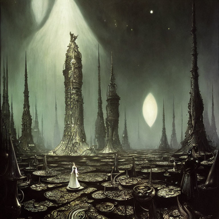 White figure in surreal landscape with towering spires under beam of light