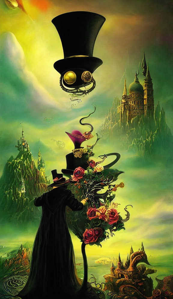 Surreal illustration of floating top hat and tea set with roses and castles