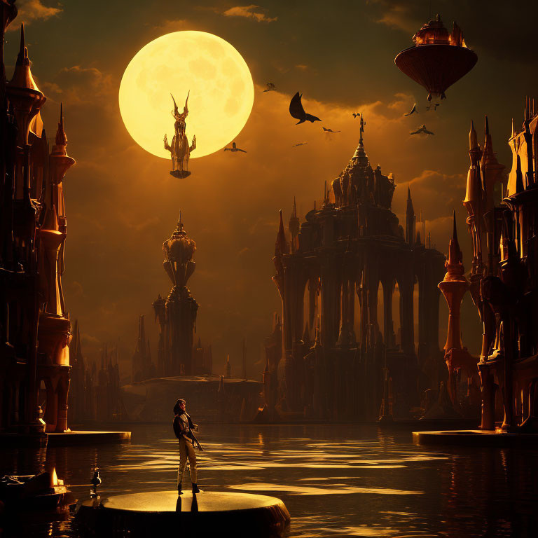 Fantastical cityscape with spires, flying vessels, and moonlit sky