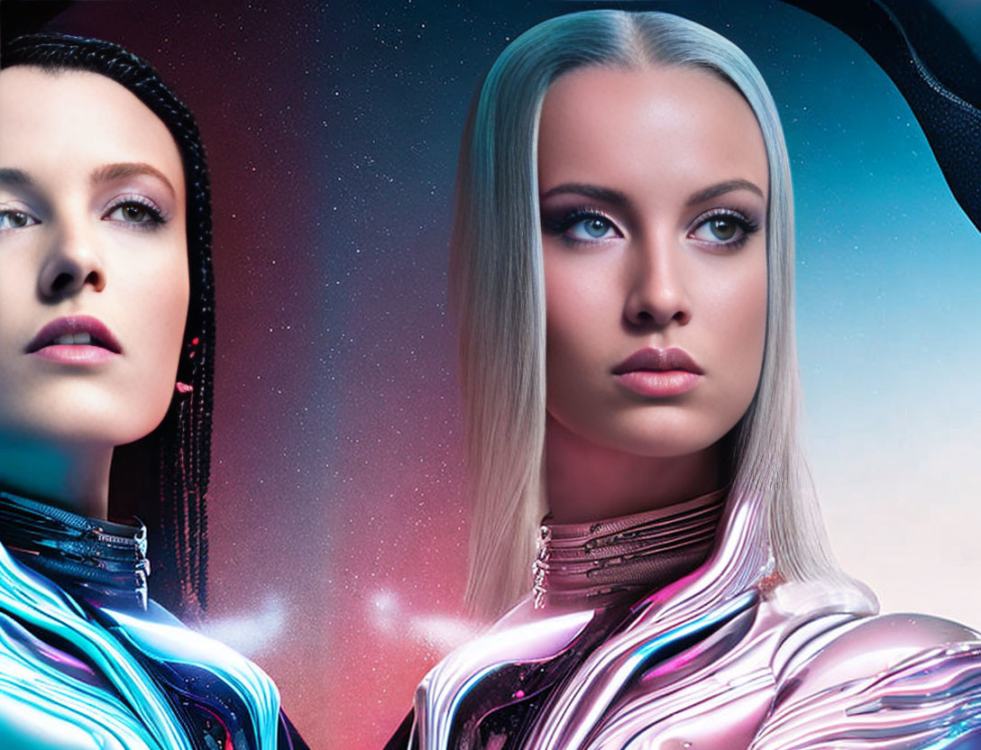 Futuristic fashion and makeup on two women in cosmic setting