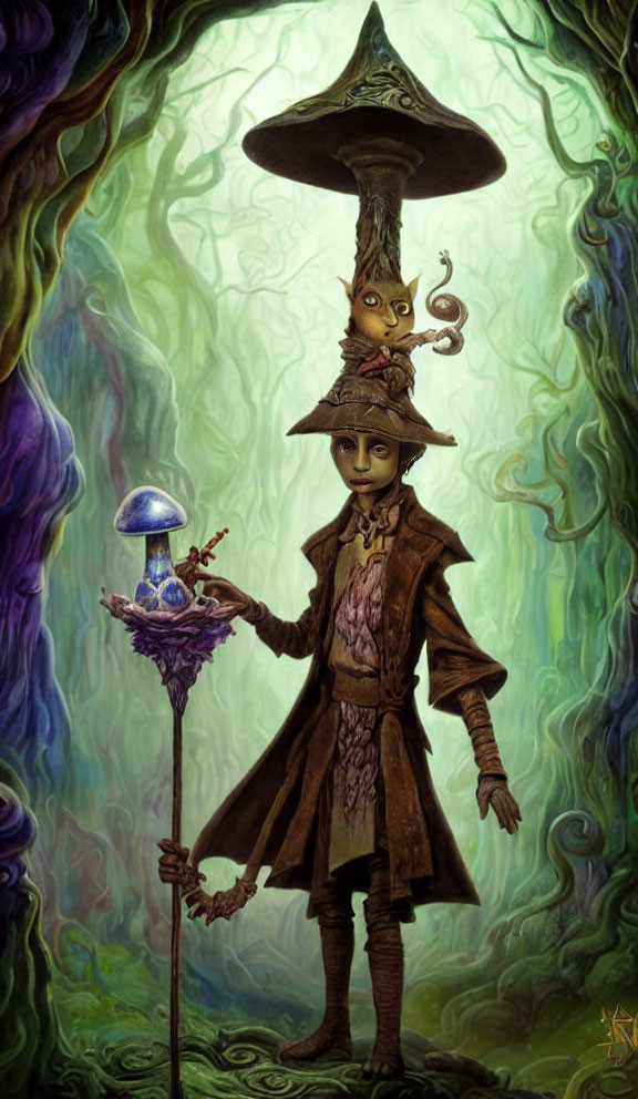 Character with Mushroom Hat and Glowing Staff Artwork