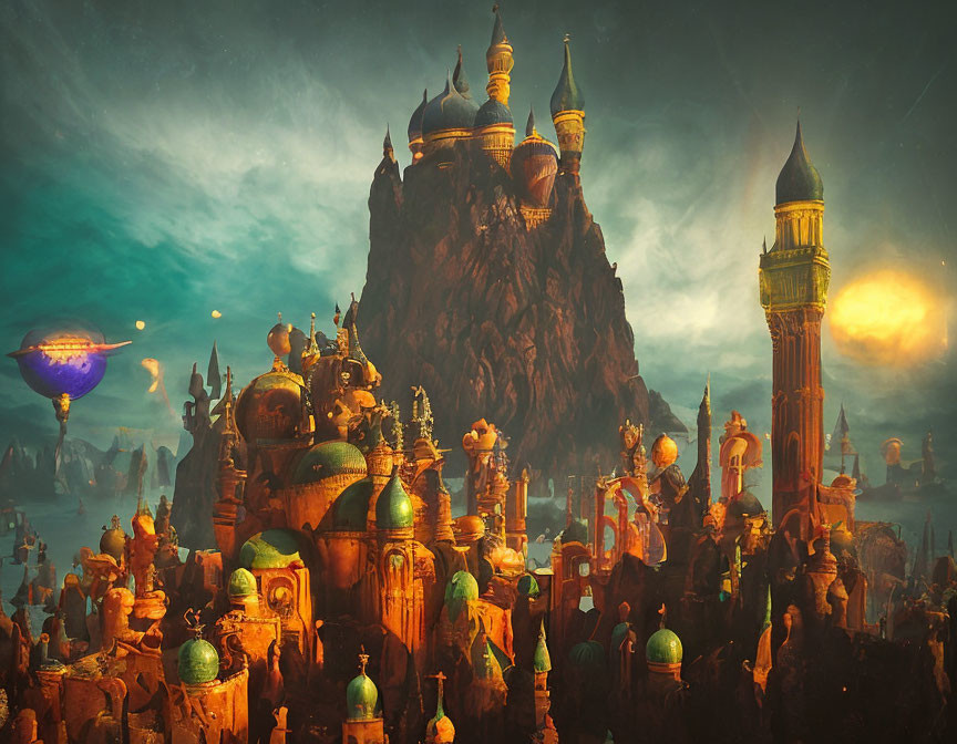 Opulent golden-domed cityscape with floating structures in mystical sky