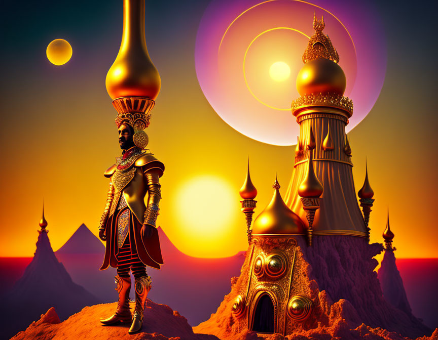 Warrior in ornate armor by golden domes at sunset