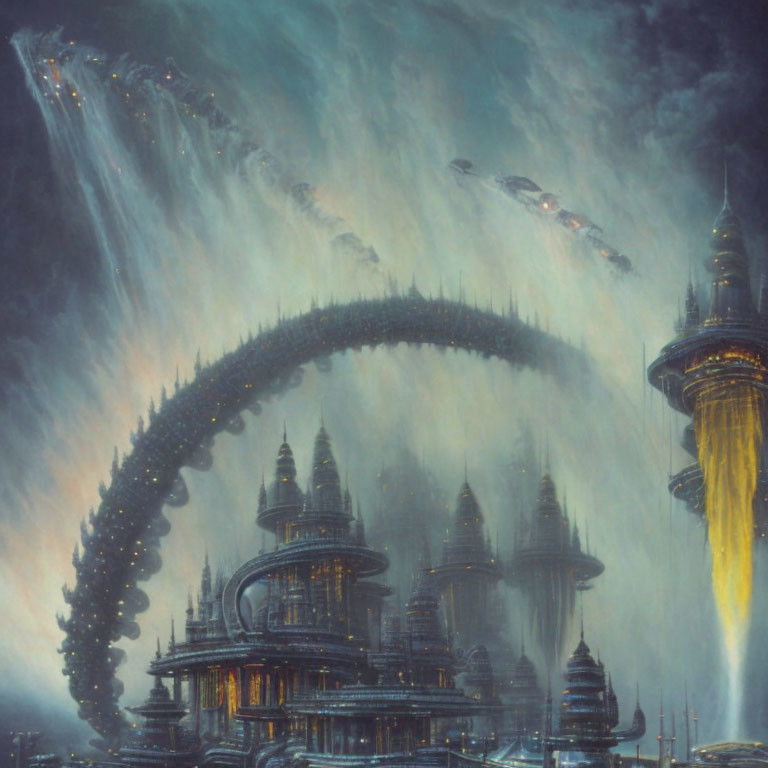 Futuristic city with towering spires and starships in cloudy sky