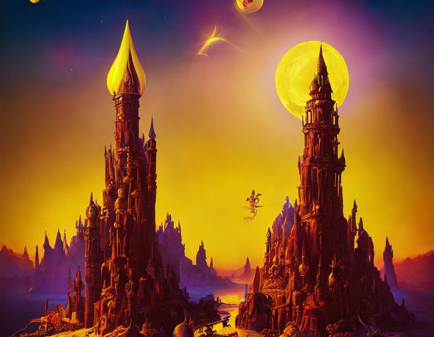 Fantastical landscape with towering spires under large moon and purple sky.