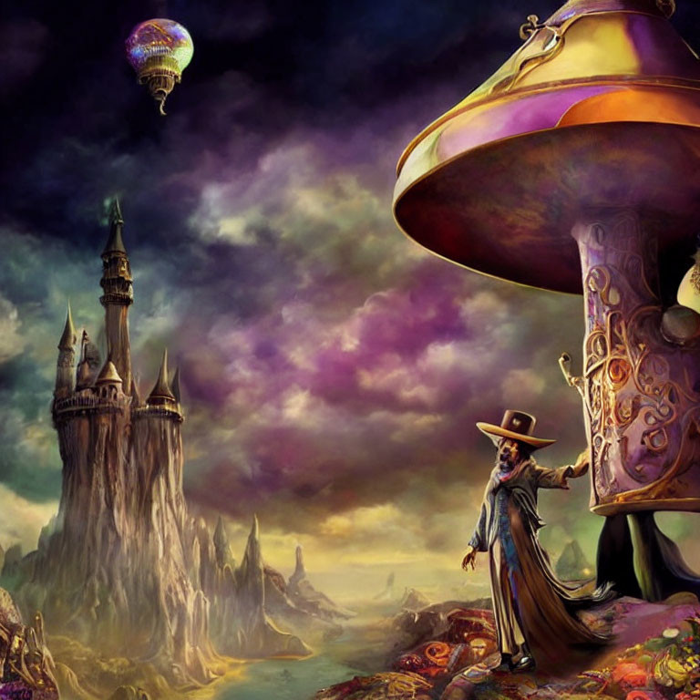 Fantasy landscape with towering castle, giant mushroom, hot air balloon, and mysterious figure