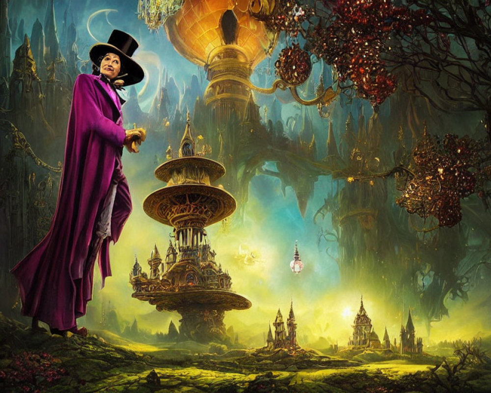 Fantasy landscape with character in hat and cloak, floating city, vibrant flora, and ethereal lighting