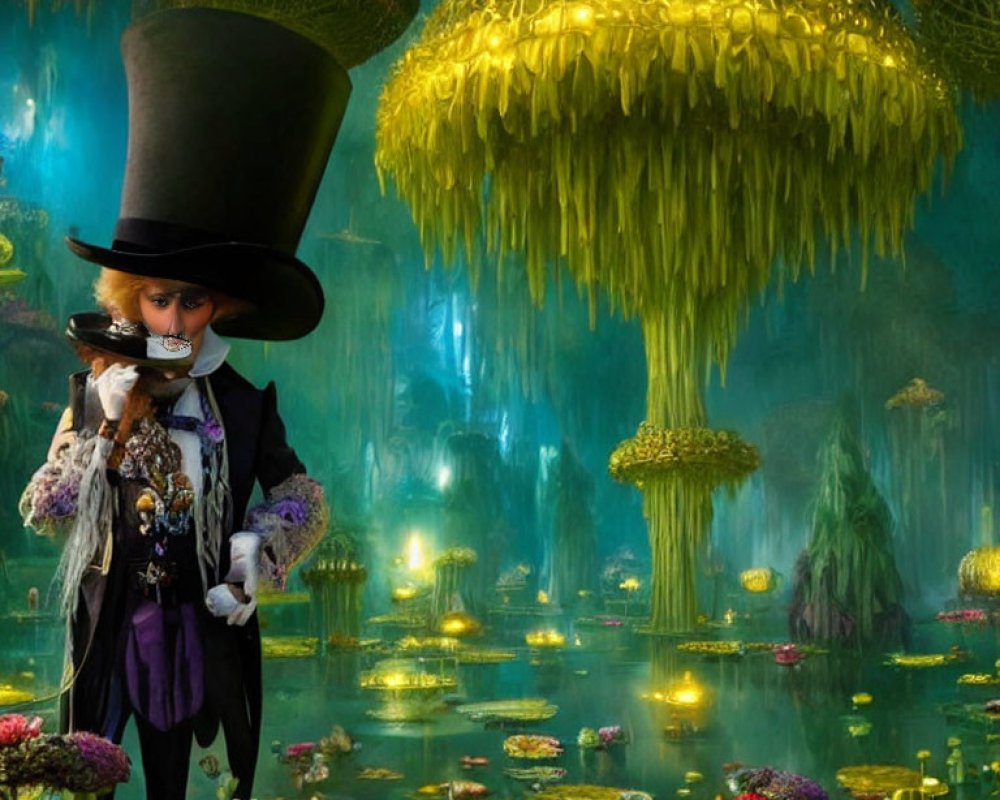 Character in Top Hat with Mask in Luminescent Forest