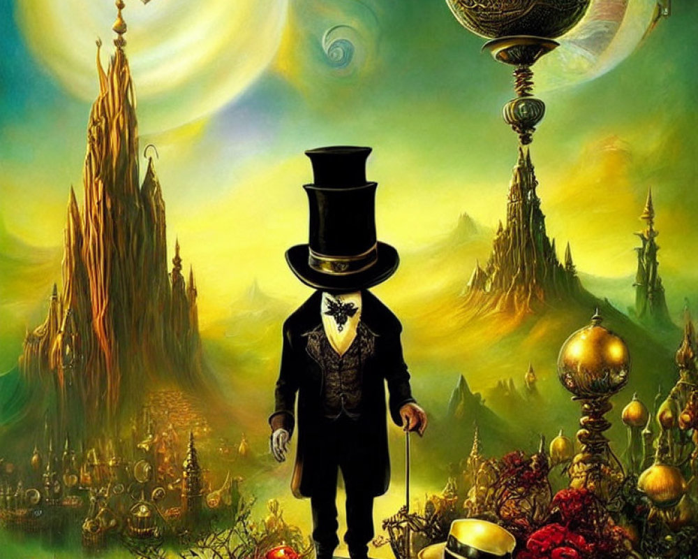 Surreal painting of gentleman in top hat in fantastical landscape