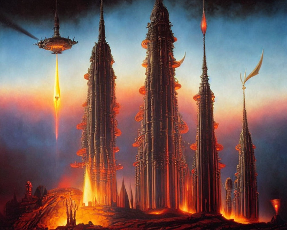 Futuristic cityscape with tall towers, spacecraft, and fiery sky