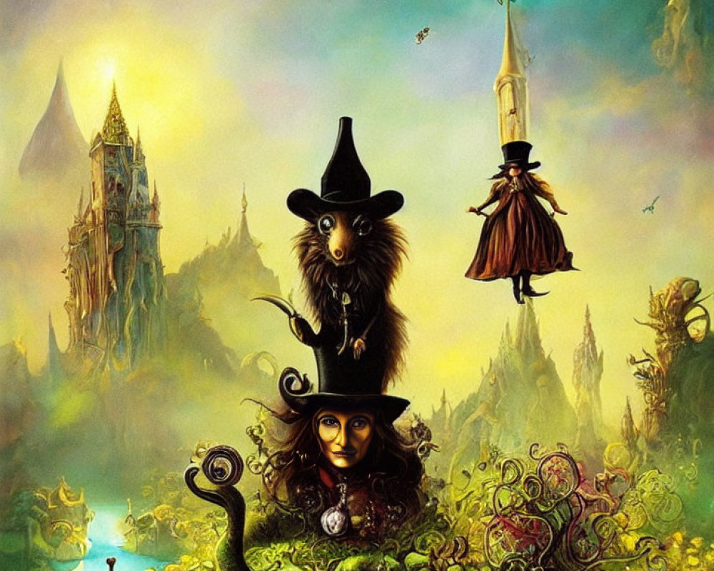 Fantastical landscape with floating witch and wizard characters and whimsical flora.