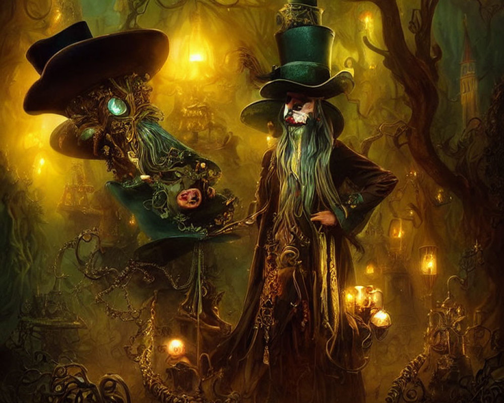 Mystical plague doctors in eerie forest with lanterns