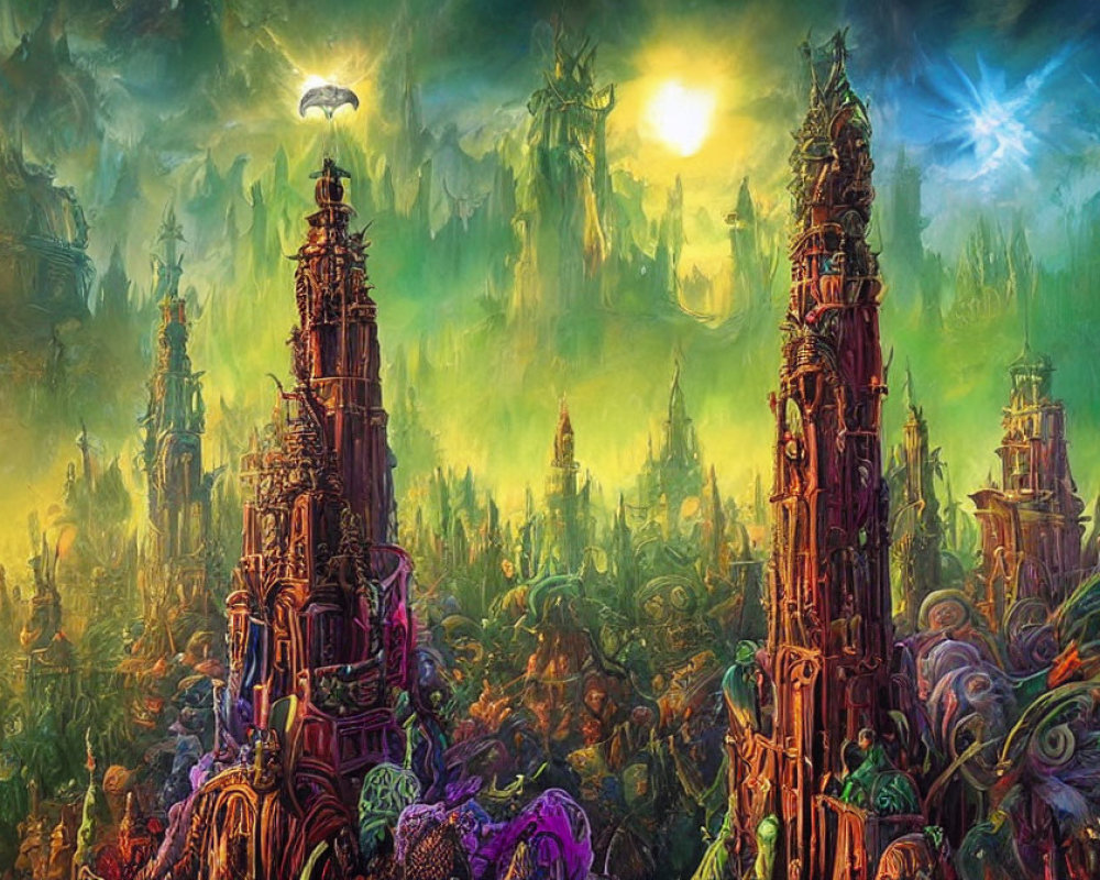 Colorful Alien Structures in Vibrant Dual-Sun Landscape