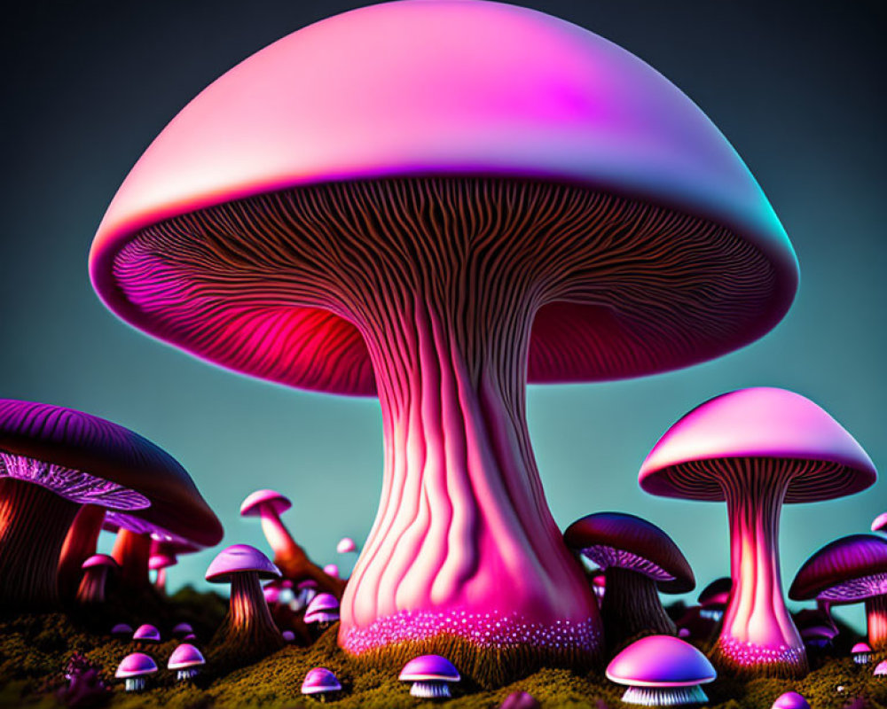 Colorful Stylized Mushrooms with Large Pink Cap and Intricate Gills on Twilight Background