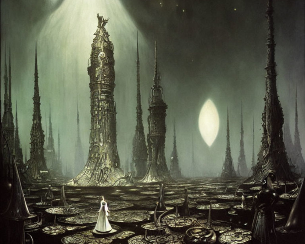 White figure in surreal landscape with towering spires under beam of light