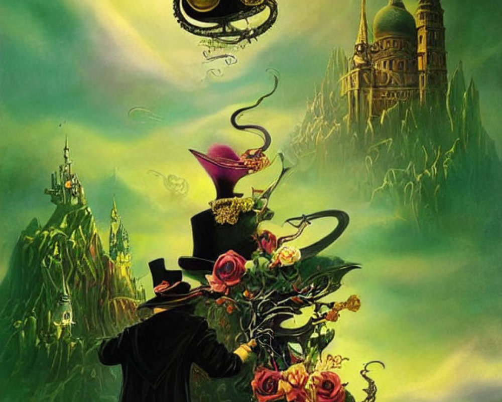 Surreal illustration of floating top hat and tea set with roses and castles