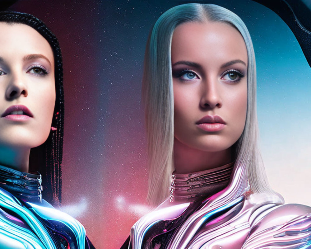 Futuristic fashion and makeup on two women in cosmic setting